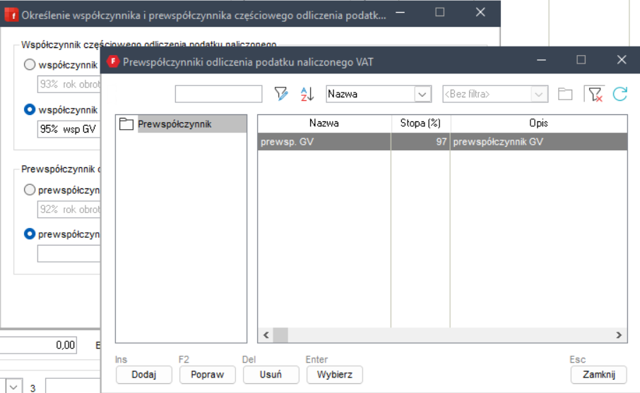 WAPRO Fakir. Okno - Prewspółczynniki odliczenia podatku naliczonego VAT, dodanie do słownika innych wartości współczynników i prewspółczynników