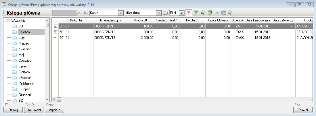 WAPRO Fakir. Okno - Księga główna / Przeglądanie wg okresów dla waluty: PLN, przykład filtrowania