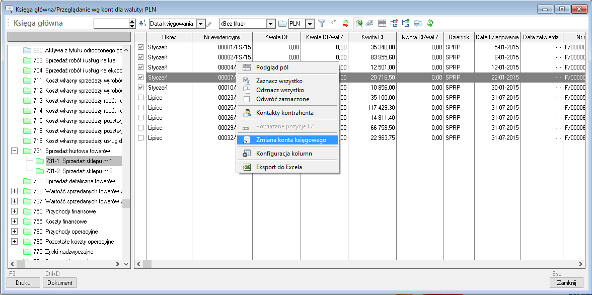 WAPRO Fakir. Przeglądanie obrotów wg kont - Grupowa zmiana konta księgowego