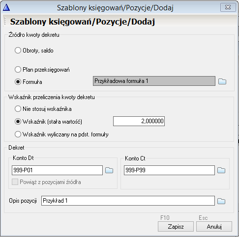 WAPRO Fakir. Okno - Szablony księgowań / Pozycje / Dodaj, przykładowa formuła