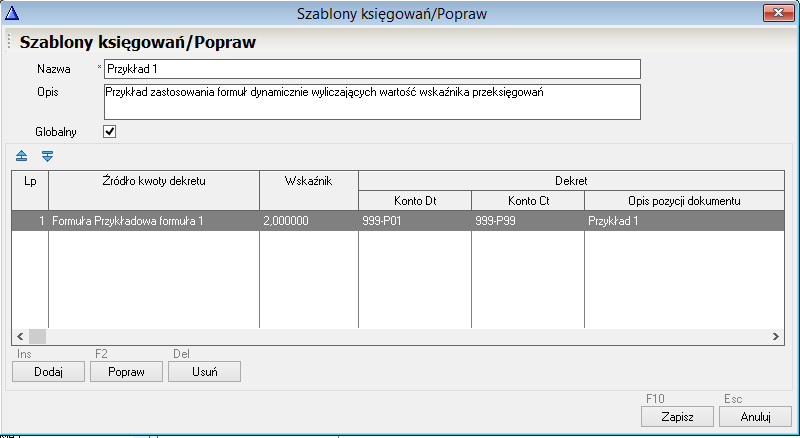 WAPRO Fakir. Okno - Szablony księgowań / Popraw, przykładowa formuła