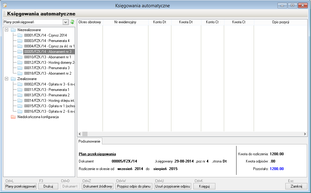 WAPRO Fakir. OOkno - Księgowania automatyczne