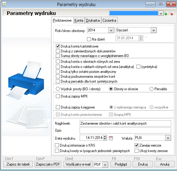 WAPRO Fakir. Okno - Zestawienie sald i obrotów | Parametry wydruku