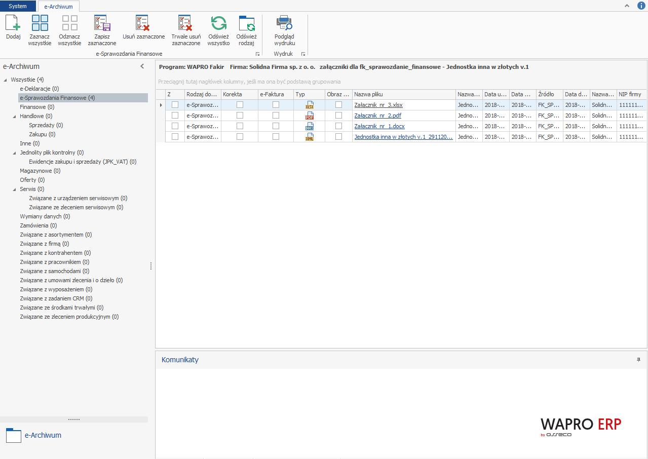 WAPRO Fakir. Okno modułu e-Dokumenty, przykład zarchiwizowanego e-sprawozdania wraz z załacznikami