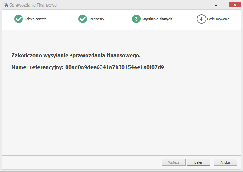 WAPRO Fakir. Okno kreatora wysyłania sprawozdań, po zakończeniu wysyłania informacja + numer referencyjny wysłanego sprawozdania