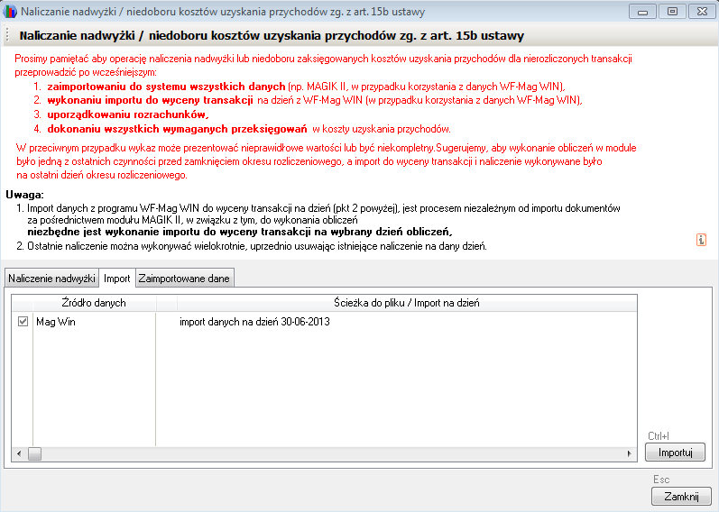 WAPRO Fakir. Okno - Naliczanie nadwyżki / niedoboru kosztów uzyskania przychodów, zakładka zg. z art. 15b ustawy, zakładka: Import