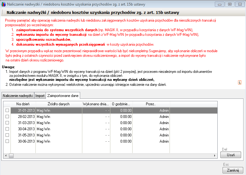 WAPRO Fakir. Okno - Naliczanie nadwyżki / niedoboru kosztów uzyskania przychodów, zakładka zg. z art. 15b ustawy, zakładka: Zaimportowane dane