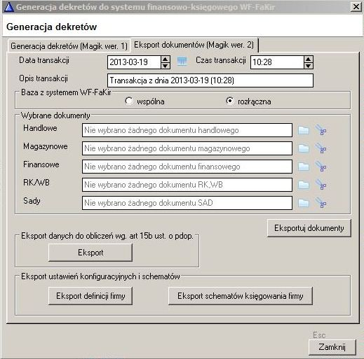 WAPRO Fakir. Okno WAPRO Mag - Generacja dekretów do systemu finansowo- księgowego