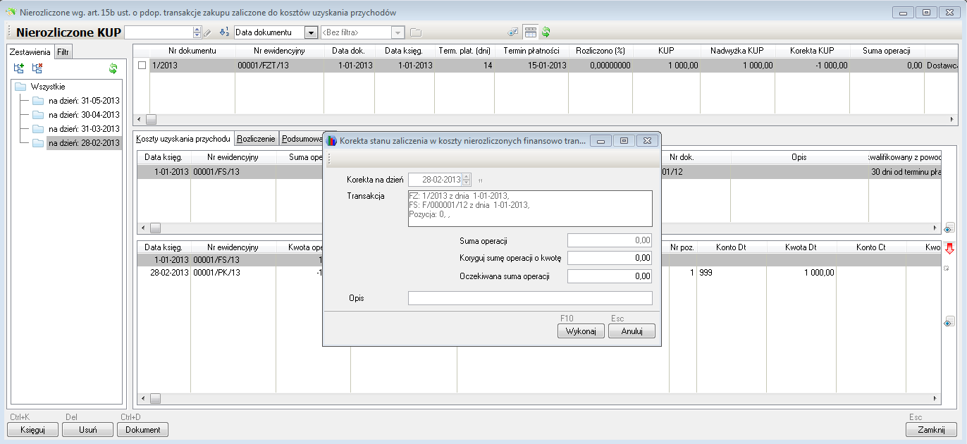 WAPRO Fakir. Okno - Korekta stanu zaliczenia w koszty nierozliczonych finansowo transakcji, przykład
