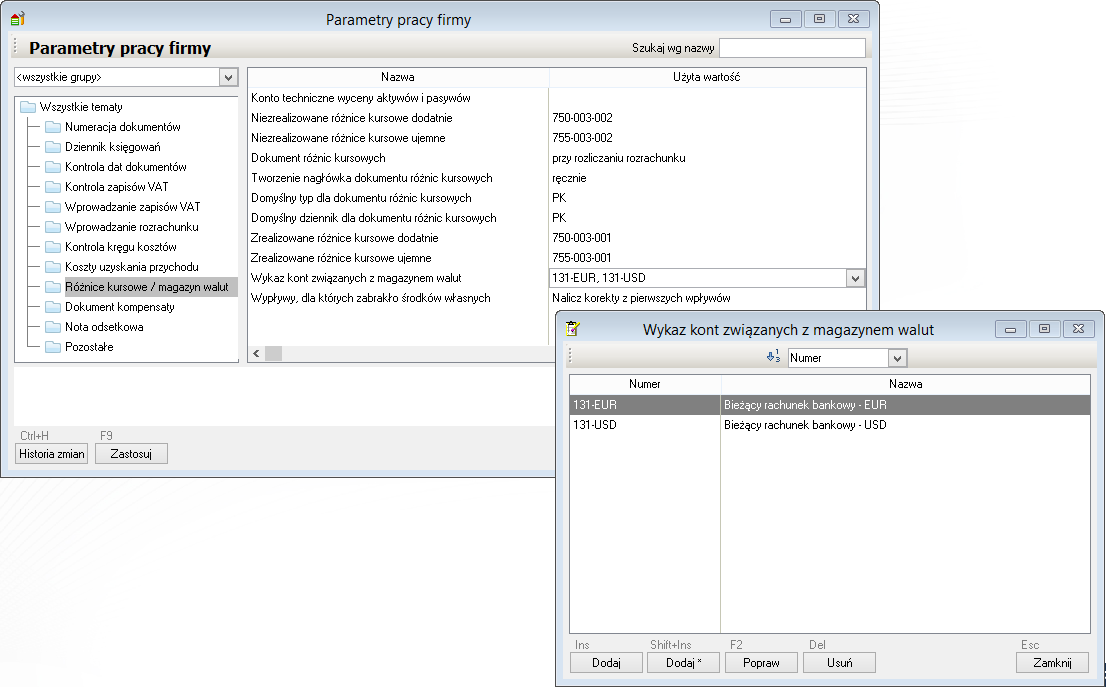 WAPRO Fakir. Okno - Parametry pracy firmy, Wykaz kont związanych z magazynem walut