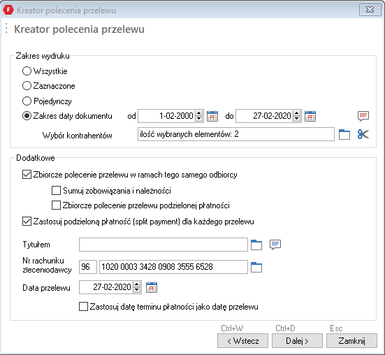 WAPRO Fakir. Okno kreatora poleceń przelewu, definiowanie zakresu dat
