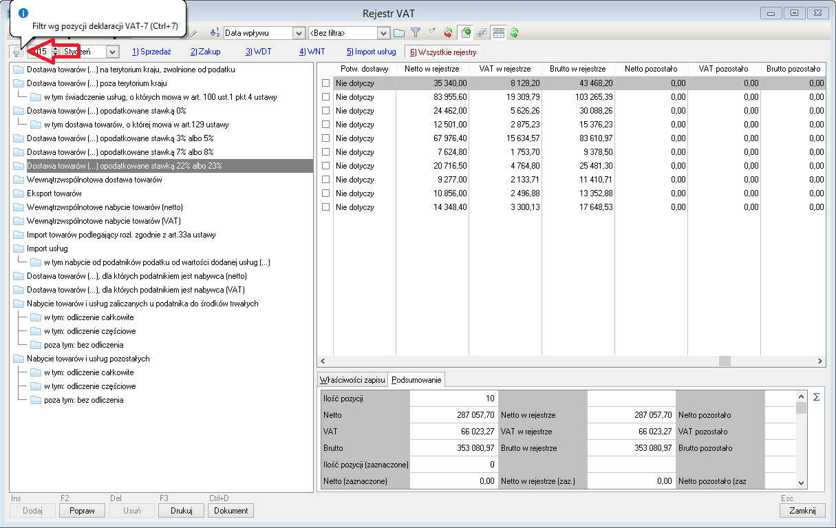 WAPRO Fakir. Przeglądanie rejestru VAT - wg pozycji deklaracji VAT i wybranego typu rejestru