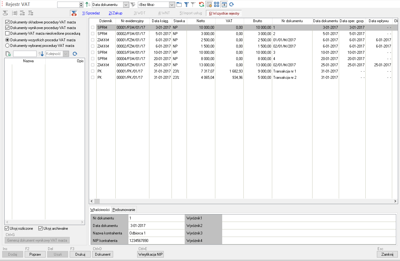WAPRO Fakir. Okno - Rejestr VAT, włączona opcja &quot;Dokumenty wszystkich procedur VAT marża&quot;