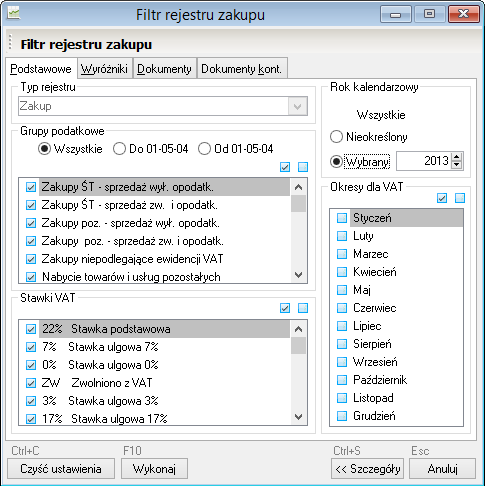 WAPRO Fakir. Parametry filtrowania zapisów z rejestrów VAT