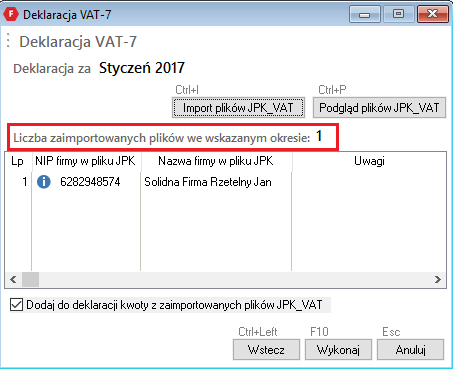 WAPRO Fakir. Okno definiowania parametrów deklaracji VAT-7, krok 2 (import danych)