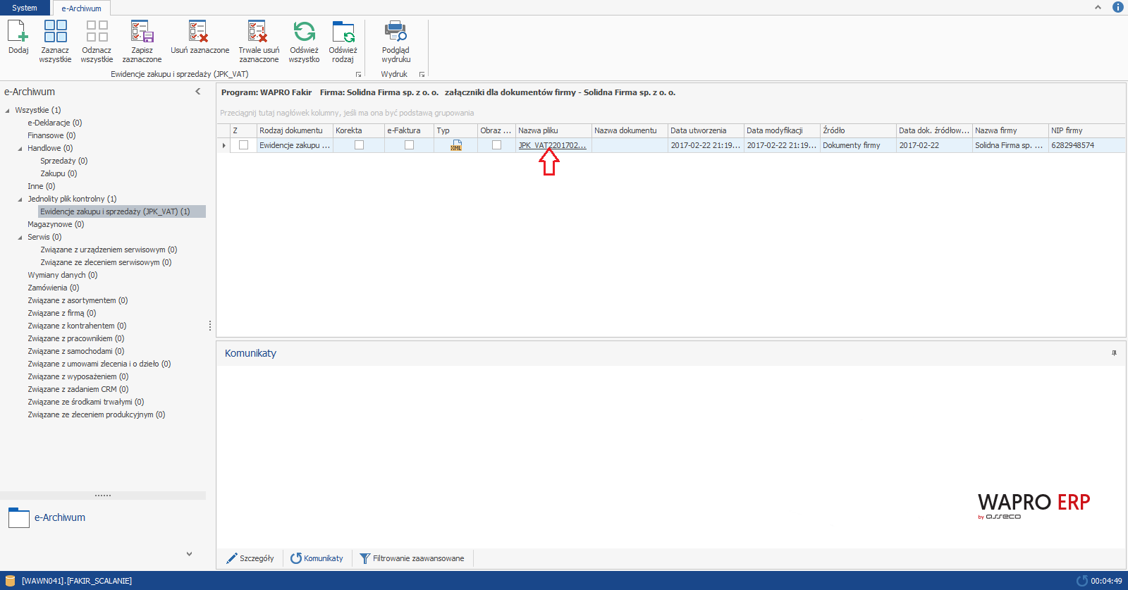 WAPRO Fakir. Moduł e-dokumenty, zapisany, utworzony plik JPK_VAT