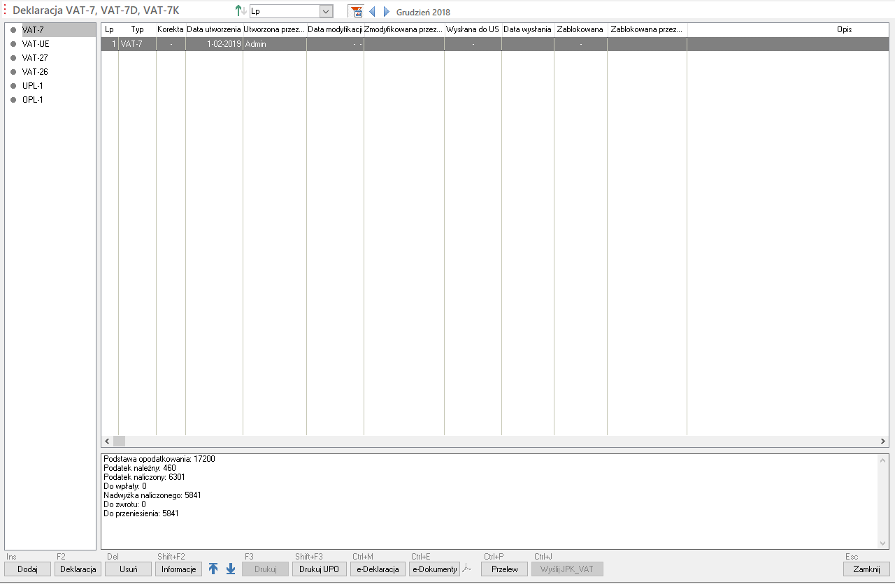 WAPRO Fakir. Okno - Deklaracje VAT, widoczna jedna utworzona e-deklaracja
