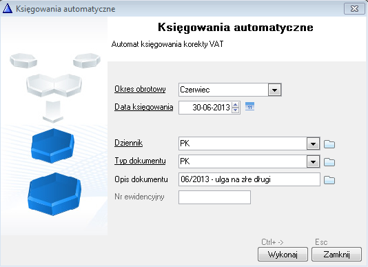 WAPRO Fakir. Okno - Księgowanie automatyczne, korekta VAT