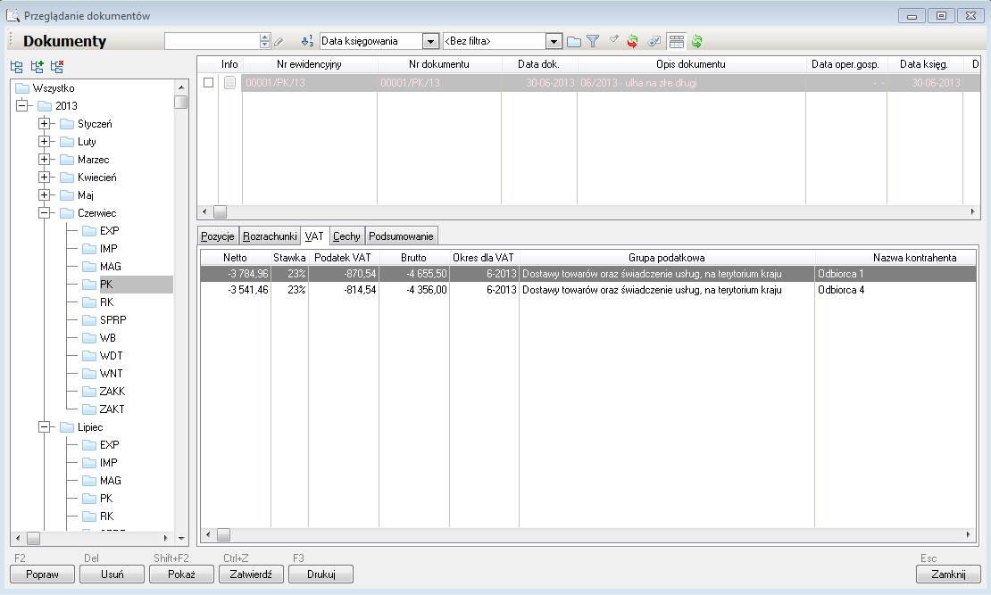 WAPRO Fakir. Okno - Przeglądanie dokumentów, wyksięgowana kwota korekty VAT