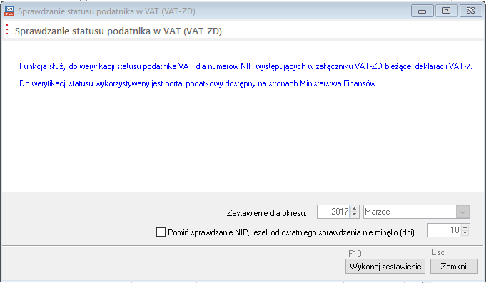 WAPRO Fakir. Okno - Sprawdzenie statusu podatnika w VAT (VAT-ZD), krok 1