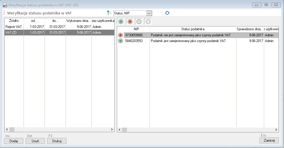WAPRO Fakir. Okno - Sprawdzenie statusu podatnika w VAT (VAT-ZD), krok2