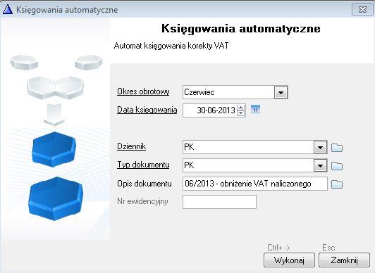 WAPRO Fakir. Okno - Księgowania automatyczne, korekta VAT