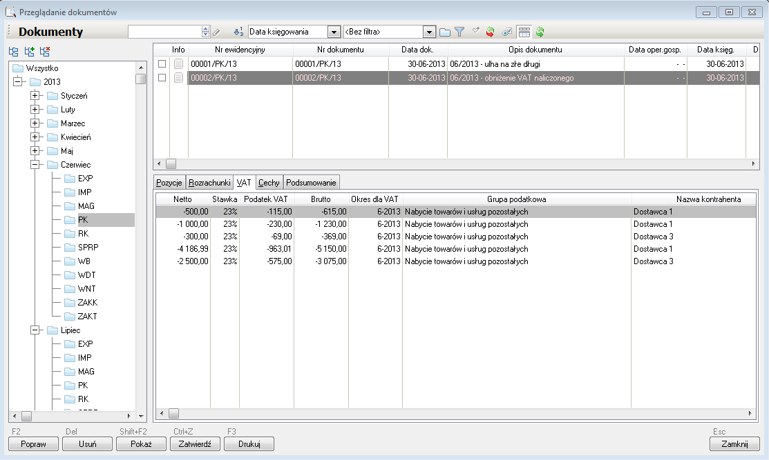 WAPRO Fakir. Okno - Przeglądanie dokumentów, Wyksięgowanie kwoty korygowanego podatku VAT