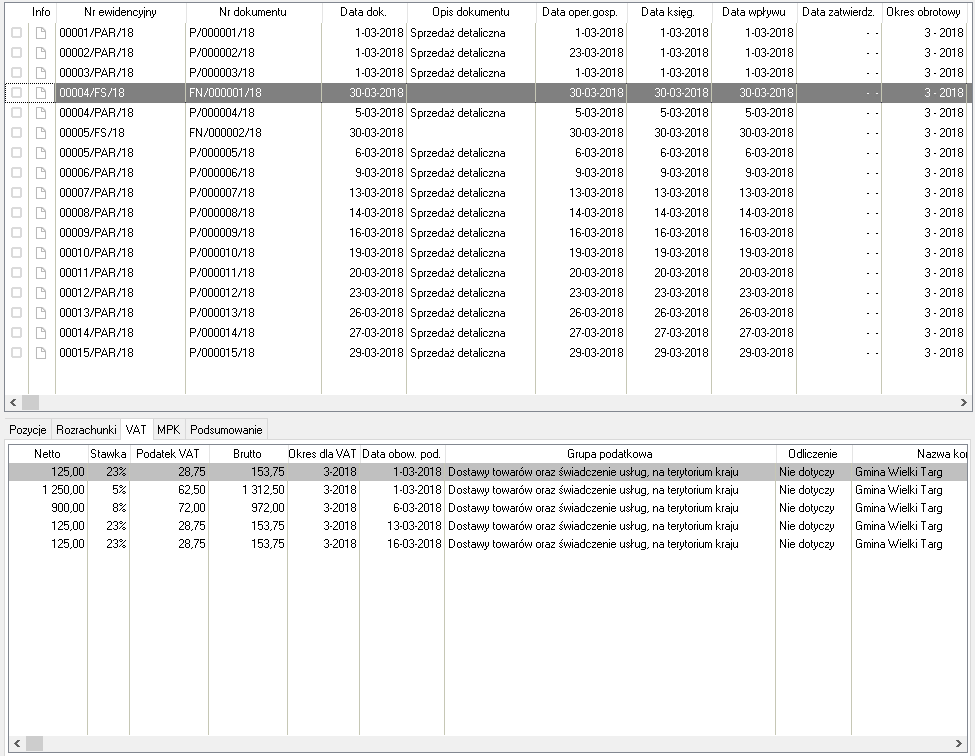 WAPRO Fakir. Okno - Dokument, zakładka: VAT, lista zaimportowanych dokumentów