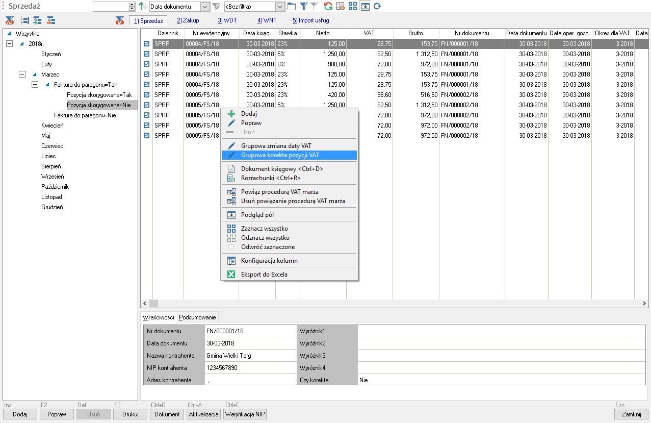 WAPRO Fakir. Okno - Rejestr VAT, menu podręczne, grupowa korekta pozycji VAT