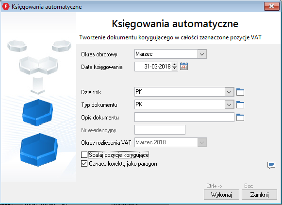 WAPRO Fakir. Okno - Ksiegowania automatyczne