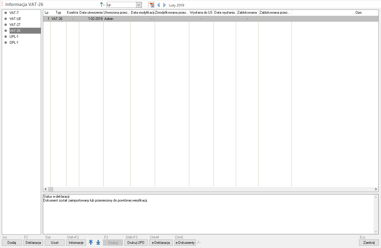WAPRO Fakir. Okno - Deklaracje VAT, zapisana, utworzona deklaracja VAT-26