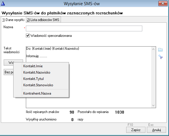 WAPRO Fakir. Okno - Wysyłanie SMS-ów do płatników zaznaczonych rozrachunków, zakładka 1) Dane wysyłki, wiadomość spersonalizowana