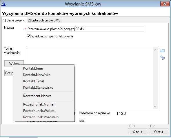 WAPRO Fakir. Okno - Wysyłanie SMS-ów do kontaktów wybranych kontrahentów, zakładka 1) Dane wysyłki, polecenia przycisku &quot;Wstaw&quot;