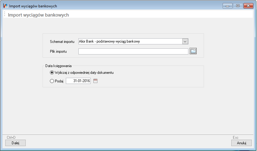 WAPRO Fakir. Kreator - Okno - Import wyciągów bankowych
