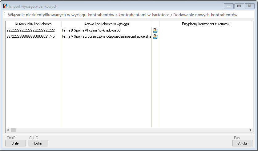 WAPRO Fakir. Kreator - Okno - Import wyciągów bankowych, przykładowa lista niezidentyfikowanych kontrahentów