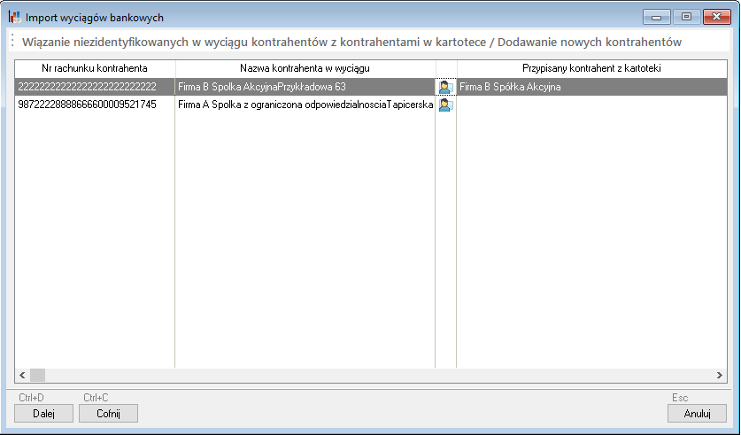 WAPRO Fakir. Kreator - Okno - Import wyciągów bankowych, ręczne przypisanie niezidentyfikowanego automatycznie kontrahenta