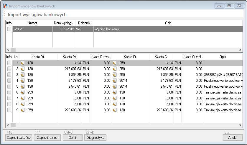 WAPRO Fakir. Kreator - Okno - Import wyciągów bankowych, widok zaimportowanych wyciągów