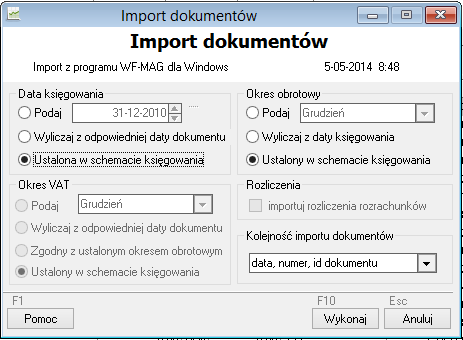 WAPRO Fakir. Okno - Import dokumentów