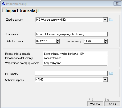 WAPRO Fakir. Okno Import transakcji dla importu przelewów