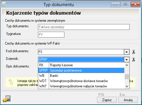 WAPRO Fakir. Okno kojarzenia typów dokumentów i dzienników