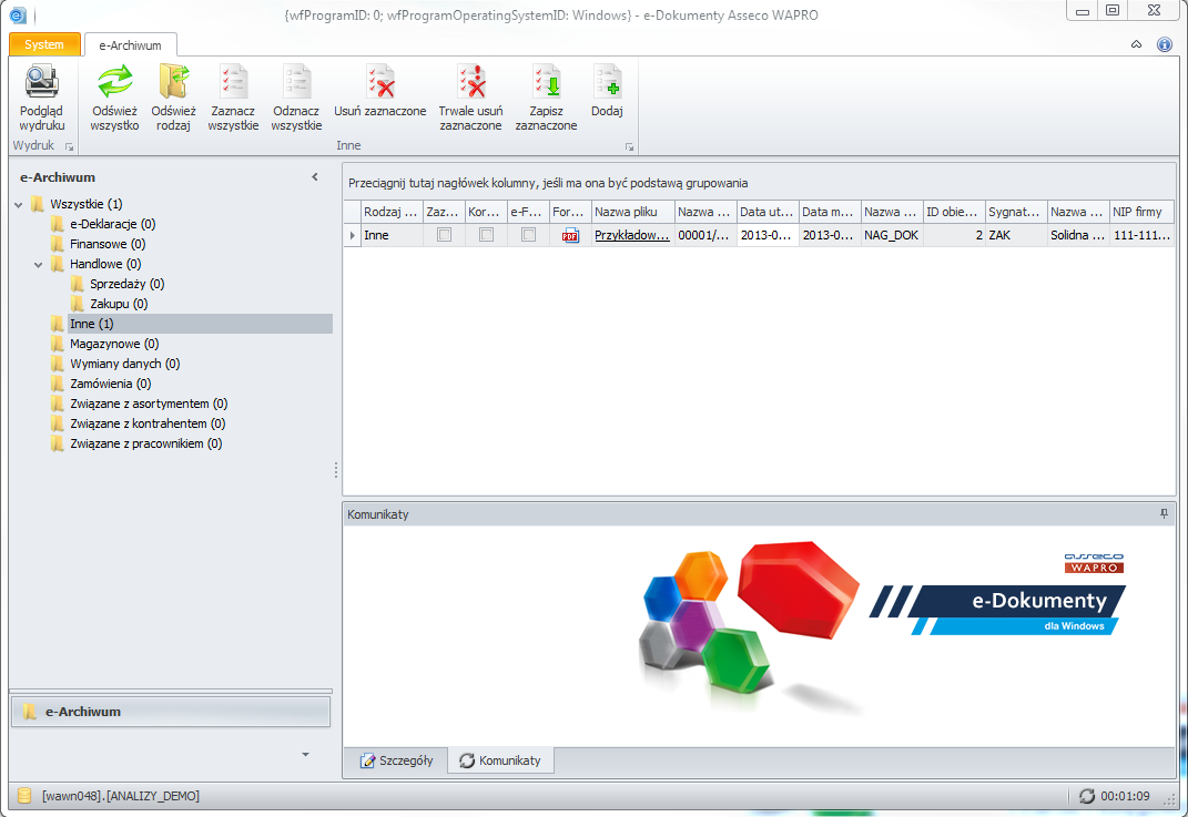 WAPRO Fakir. Okno - Moduł Zarządzania Dokumentami, zapisany e-dokument