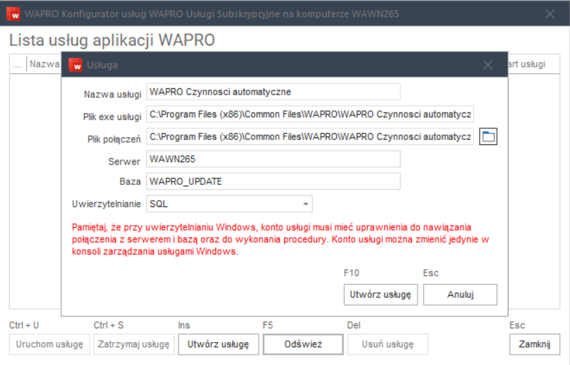 WAPRO Fakir. Konfigurator usług Wapro czynnosci automatyczne - uruchamianie usługi