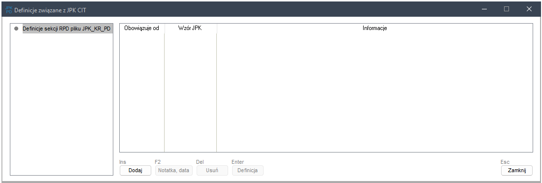 Formatka "Definicje związane z JPK_CIT - Definicja sekcji RPD pliku JPK_KR_PDD"