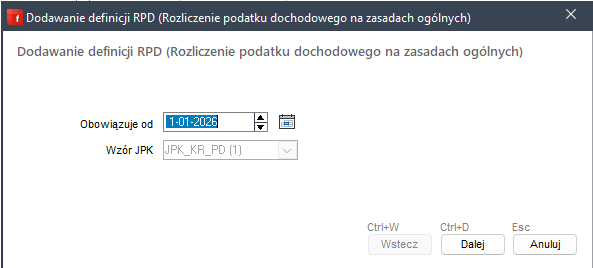 Formatka "Dodawanie definicji RPD (Rozliczenie podatku dochodowego na zasadach ogólnych)"