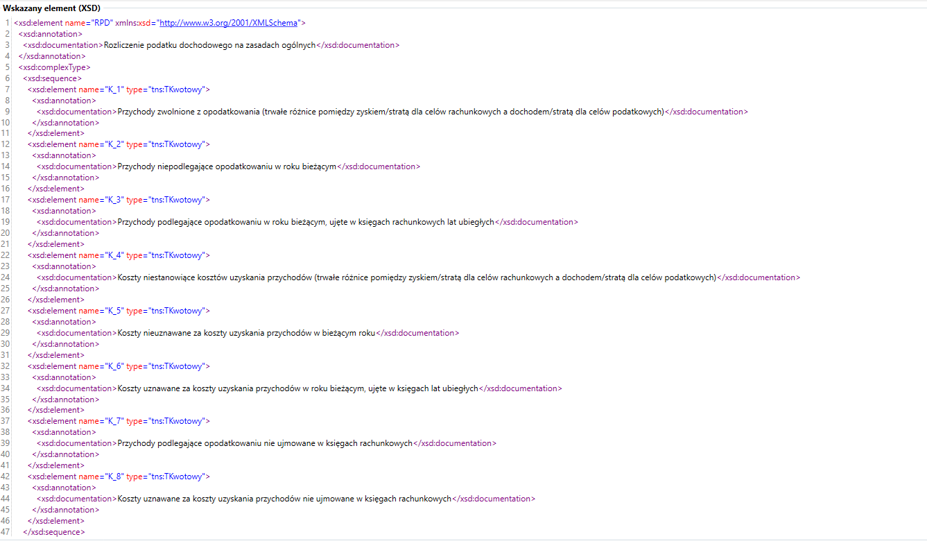 Fragment schematu XSD pliku JPK_KR_PD wz. 1 - sekcja RPD