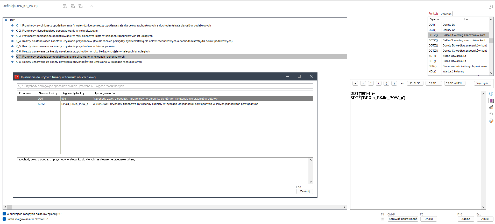 Sekcja RPD - fragment okna definiowanie algorytmów obliczeniowych kwot (przykład wykorzystania funkcji)