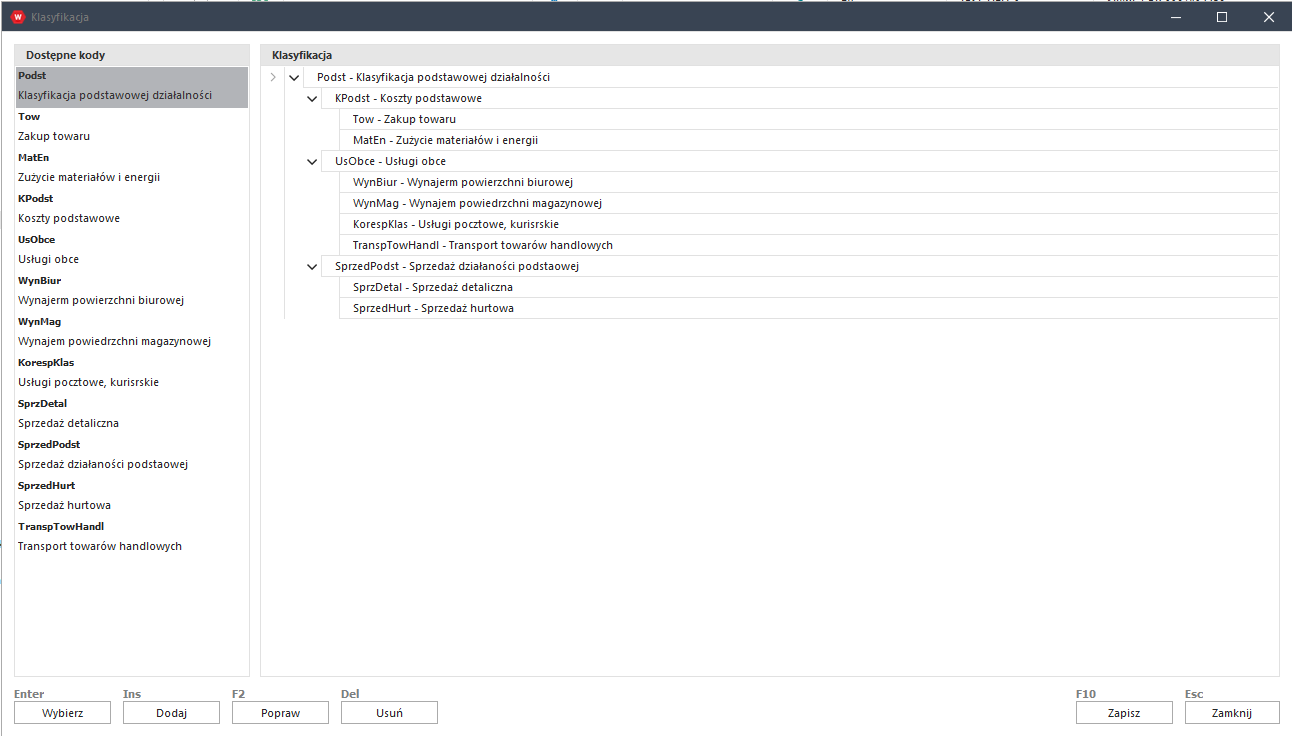WAPRO Fakir. Bufor Businesslink - okno "Klasyfikacje"