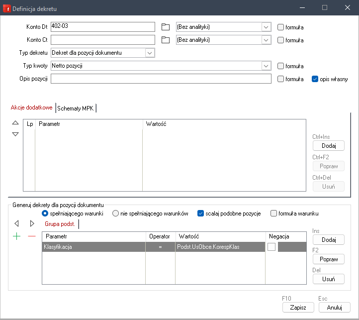 WAPRO Fakir. Importer dokumentów - okno "Definicja dekretu" - przykład definicji na zespół 4