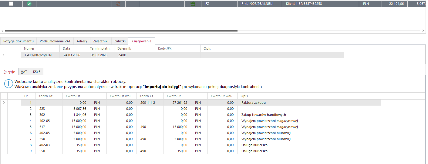 Wapro Fakir - Bufor Businesslink - przykład zadekretowanego dokumentu, zakładka "Księgowanie"