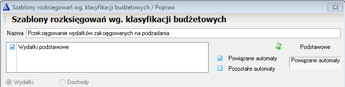 WAPRO Fakir. Okno - Szablonu rozksięgowań wg klasyfikacji budżetowej, nagłówek formatki, powiązany automat